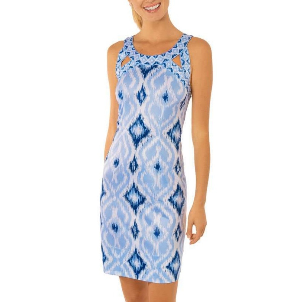 Gretchen Scott Isosceles Dress Blue Ikat Diamond Cutout Neck Lattice Back Size L